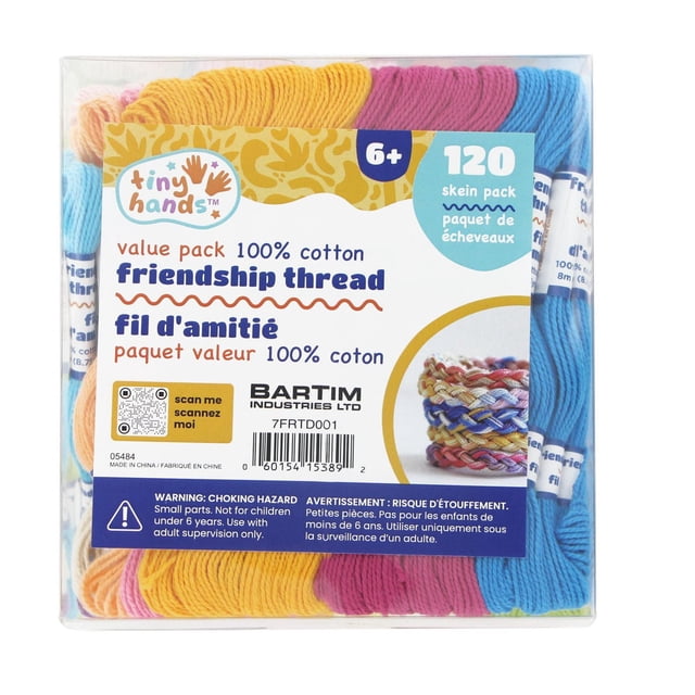 TINY HANDS Friendship Thread value pack with 120 skeins of 100% cotton craft thread in assorted bright colours, each 8 m long, suitable for kids aged 6 and up to make friendship bracelets, tassels, and braids, shown in clear packaging with label and sample woven bracelet image.