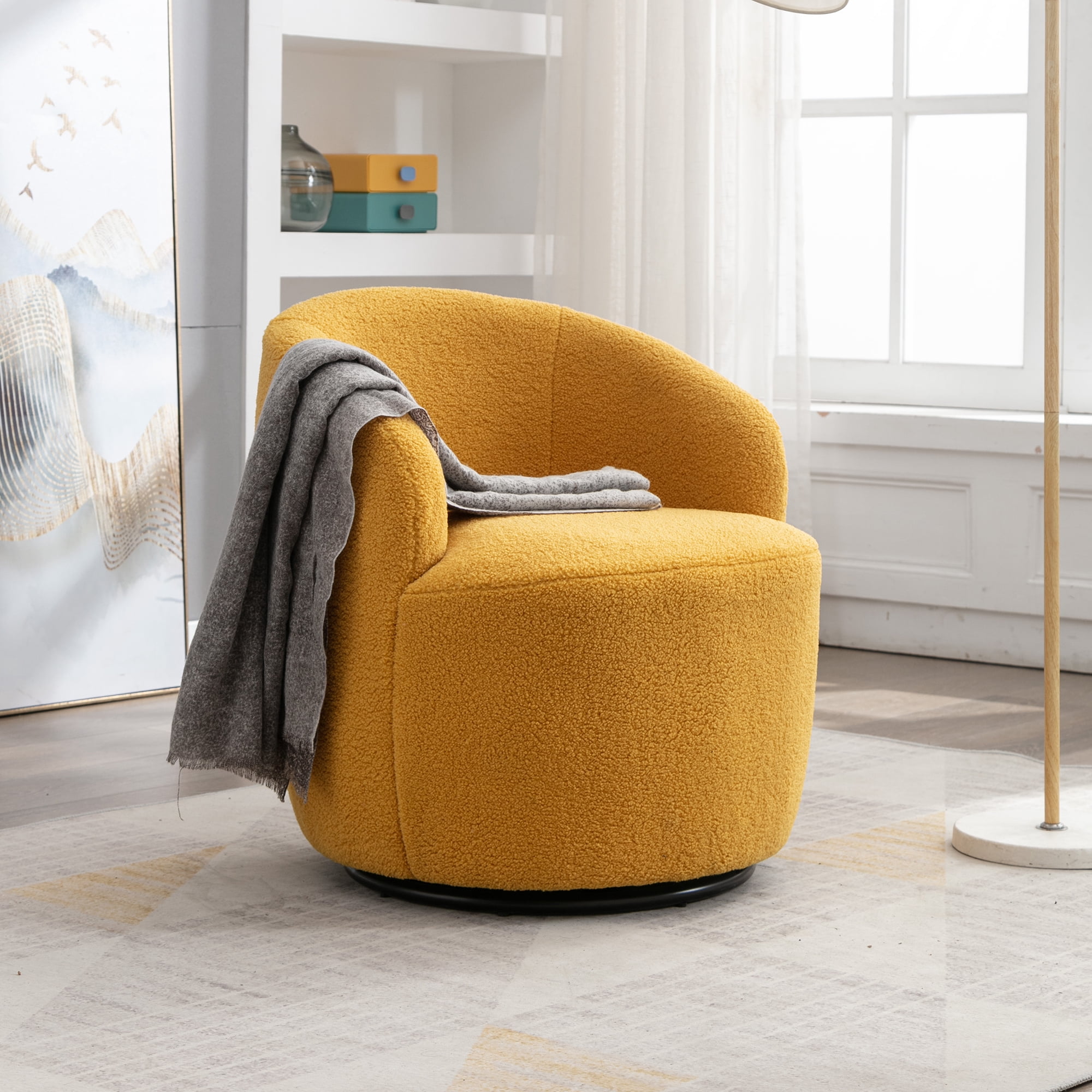 KOSSMAI Soft Upholstered Teddy Fabric Small Size Swivel Accent Chair For Living Room, Bedroom, Study Room Yellow
