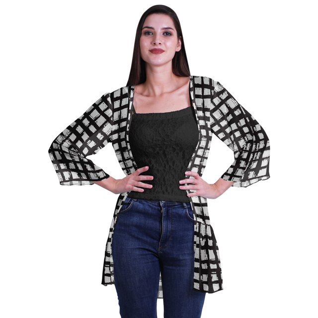 Moomaya Printed Georgette Shrug Ruffled Back Drop Hem Beach Cover Up For Women