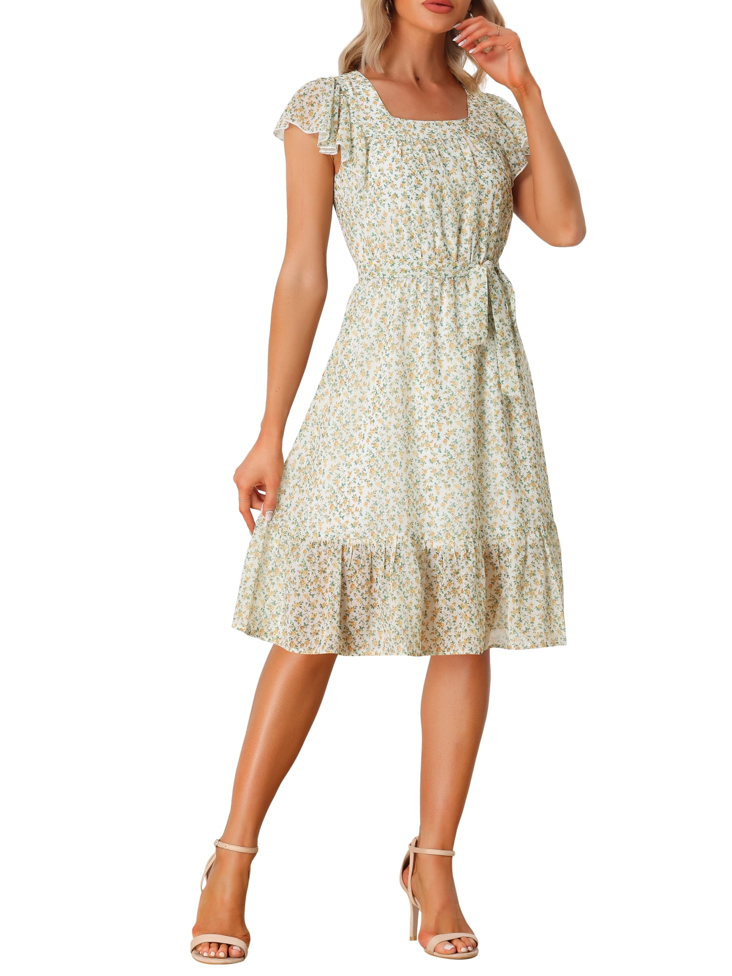INSPIRE CHIC Robe pour Femme Florale à Encolure Carrée Manches Volantées Style Casquette Midi à Volants Robe d'Invitée de Mariage L Blanc Jaune
