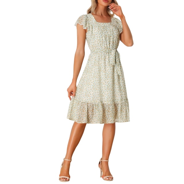 INSPIRE CHIC Robe pour Femme Florale à Encolure Carrée Manches Volantées Style Casquette Midi à Volants Robe d'Invitée de Mariage L Blanc Jaune