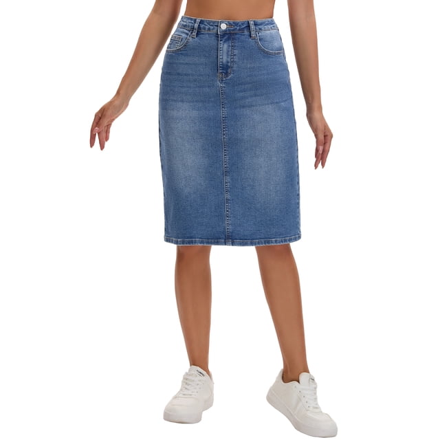INSPIRE CHIC Women's Jean Skirt High Waist Back Slit Knee Length Mother's Day Denim Skirts Blue M