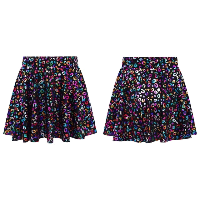 Lejafay Girls Flared Pleated A-Line Skirts Shiny Metallic Dance Performance Costume Cheerleading Uniform Black M