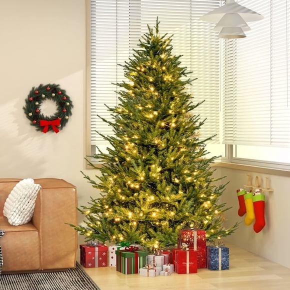 Gymax 7 ft pre-lit artificial Christmas tree artificial hinged Christmas tree w/ 380 LED lights & 1130 Branch Tips