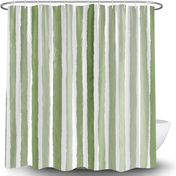 White Sage Green Striped Shower Curtain, Watercolor Boho Stripe Waterproof Bathroom Curtain with Hooks, Farmhouse Bathroom Decor 72"W x 84"H