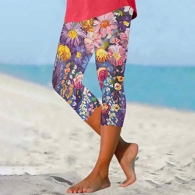 LSLJS Women's Summer High Waisted Flower Printing Capris Matching Slim Fitting Yoga Gym Pants, Yoga Pants Summer Clothes