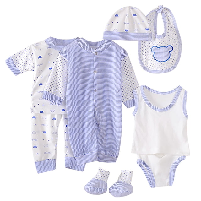 8PCS Newborn Baby Boy Girl Tops+Hat+Pants+Bib+Sock Shoes+Romper Outfits Set. Includes a blue and white striped romper with button closure, a matching hat, bib with bear print, tank top, pants, and socks. Made from a soft cotton blend, suitable for 0-3 months. Features a mix of polka dot and cloud patterns, ideal for casual wear, daily use, or photoshoots.