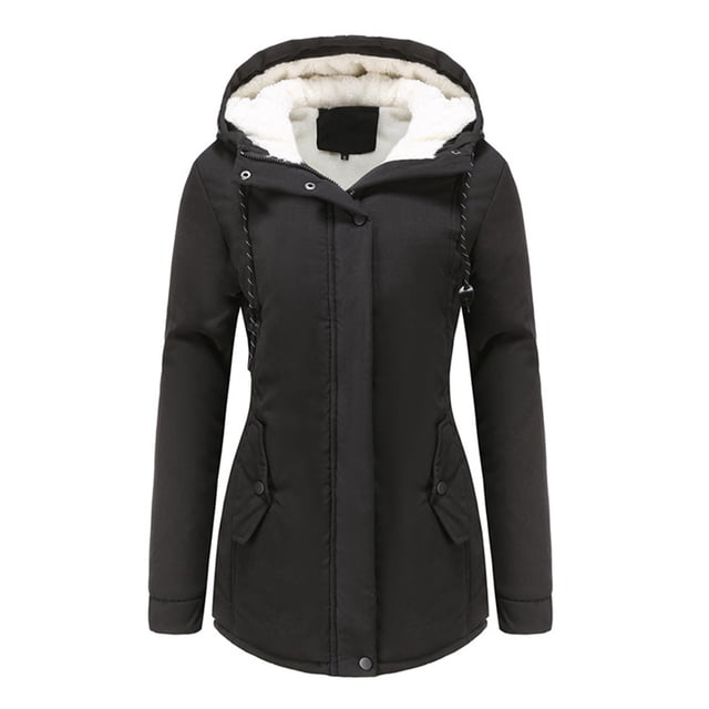 Innerwin Coat Hooded Ladies Outwear Drawstring Long Sleeve Buttons Jacket Black XL