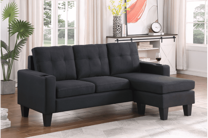 Cosmic Homes Ethan Reversible Chaise Sectional Sofa – Black Linen Fabric L-Shaped Couch with Cup Holders, Track Arms