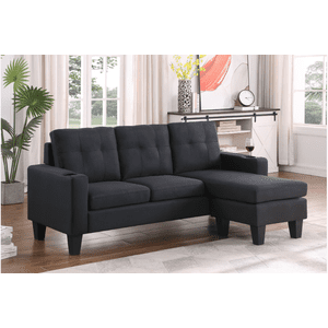Cosmic Homes Ethan Reversible Chaise Sectional Sofa – Black Linen Fabric L-Shaped Couch with Cup Holders, Track Arms