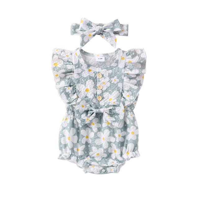 Gupgi Baby Girl Summer Jumpsuit Infant Floral Print Bow Ruffles Buttons Romper and Headband Set