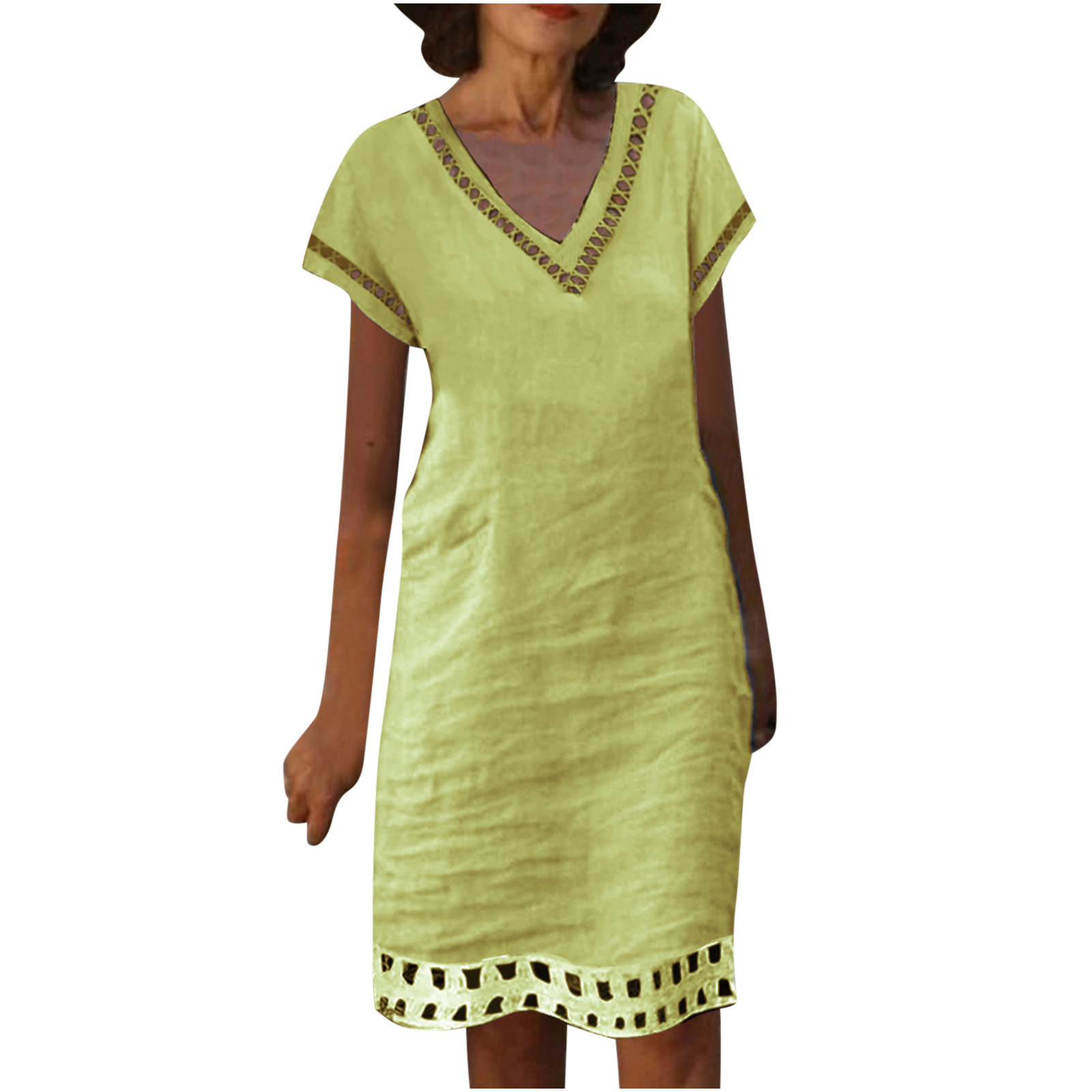 Robes pour Femmes 2024 Été Oversize Coton Coton Lin Couleur Unie à Empiècements Dentelle Hydrosoluble Robe à Manches Courtes Col en V Longueur Genou Robe Rabais de 50 % Liquidation!