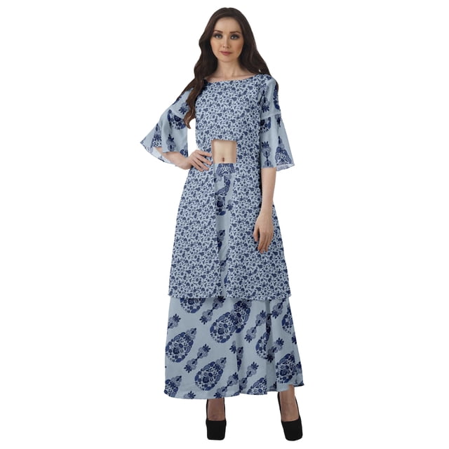Moomaya Printed High Low Crop Top Kurti Palazzo Set Ethnic Indian Clothing Set For Womens