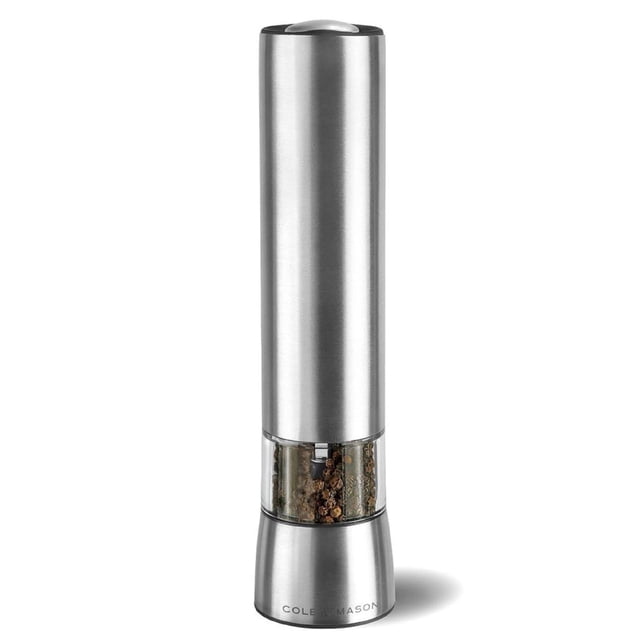 Cole & Mason Hampstead Precision & Electronic Pepper Mill - front-facing 8.5-inch stainless steel electric pepper grinder with brushed finish and clear center chamber showing peppercorns, slim cylindrical profile, one-handed operation with built-in LED that lights the grind area, adjustable coarseness knob at the base, twist-open refill body and requires six AAA batteries (not included); also often used to grind whole spices for tabletop seasoning or travel.