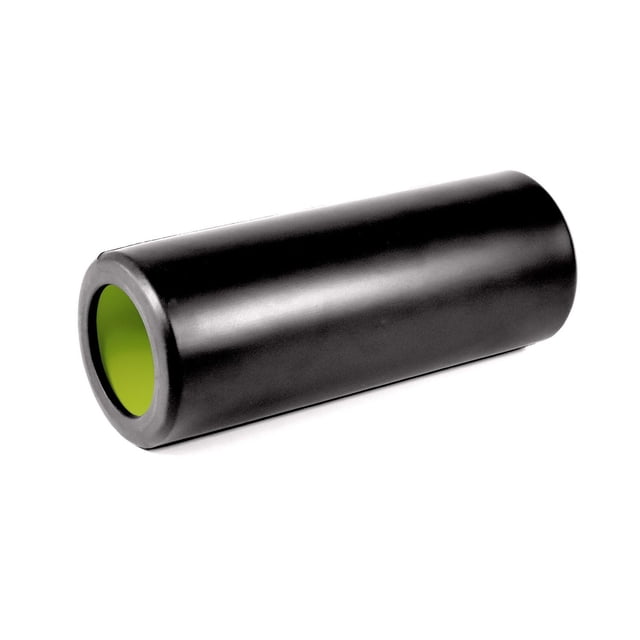 PurAthletics Foam Roller shown at a 3/4 angle with a smooth black surface and bright green hollow core, designed for muscle relief, stretching, and post-workout recovery, compact and portable for easy use.