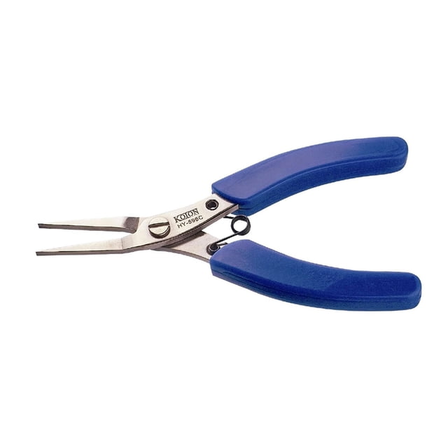 HVTools Electric Plier with blue plastic handles and stainless steel narrow jaws, spring-loaded for controlled grip, designed for low voltage operations in tight spaces to safely hold and pick up small objects, reducing short circuit risks.
