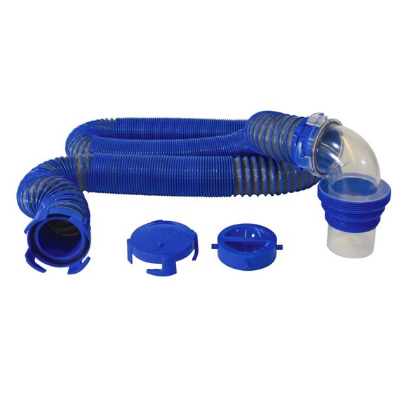 Duraflex Sewer Hose 22005 Gator; 15 Foot Extended Length; 57 Inch Compressed Length; 24 Mil Polypropylene With Polymer Ribbed Construction; Charcoal Gray; With Two Drip Caps/Clear Elbow