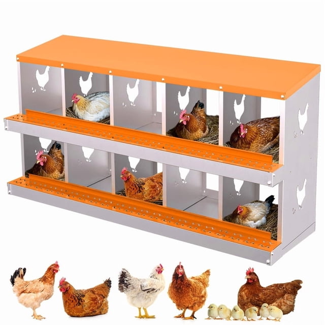 Chicken Nesting Box, 10 Compartment Metal Nesting Boxes for Chicken Coop, Roll Away Nest Box, Easy Egg Collection, Easy to Clean and Install, Chicken Laying Boxes,Orange front-facing view of an orange 10-compartment galvanized steel roll-away nesting box with sloped internal trays directing eggs to a removable front collection tray, ventilated back panel, predrilled mounting hardware and included stand visible, dimensions 46"L x 17.32"W; often used in backyard coops to keep eggs clean and simplify collection.