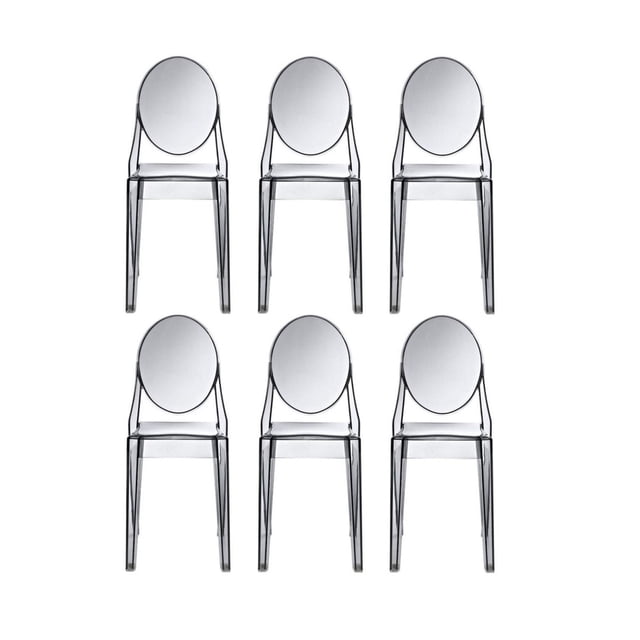 Heavenly Collection Smoke Plastic Armless Chair set of six, front-facing view, made from clear polycarbonate with a modern transparent design and oval backrests, ideal for kitchen and dining seating or as accent chairs in living spaces.