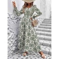 thumbnail image 4 of Robe Maxi Évasée à Imprimé Floral pour Femme, Col en V, Manches Longues, Décontractée, Portefeuille, Automne, Plage, Évasée, Vert, P, 4 of 9