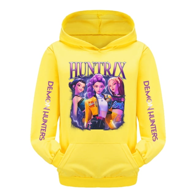 Demon Hunters DemonHunters by kpopsingers Ragazze Chandail à Capuchon à Enfiler pour Filles avec Imprimé Graphique en Matériau polyester Jaune Vif. Présente l'Audacieuse Impression Graphique « Huntrix » à l'Avant et le Texte « » sur les Manches. Conçu pour une Tenue Décontractée et des Activités de Plein Air, Offrant une Coupe Douillette et Confortable pour les Âges de 3 à 16 Ans. Comprend un Capuchon Pratique et une Poche avant pour une Fonctionnalité Accrue.