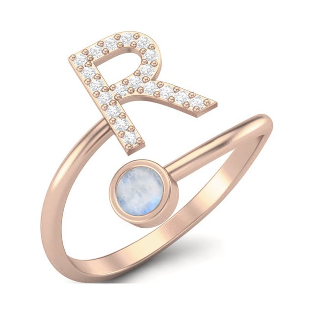 Bague Ajustable pour Femmes avec Pierre de Lune Initiale, Argent Sterling 925 Rose Vermeil