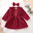 thumbnail image 3 of Toddler Baby Girl Fall Spring Dress Corduroy High-Waist Ruffle Buttons Princess Dress With Bow Headband, 3 of 7