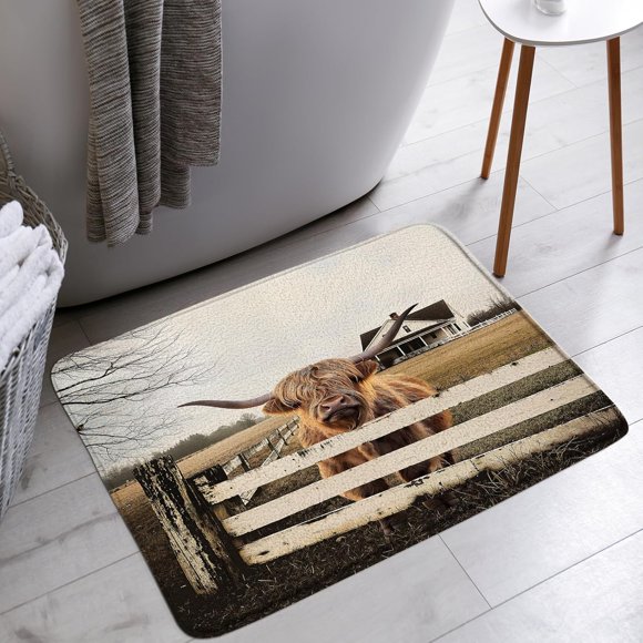 Tapis de Bain YSATNSFT Highland Cow Rustique Ferme Vache Western Country Longhorn Taureau Clôture Bétail Animal de Ferme Salle de Bain Baignoire Tapis de Sol Paillasson Décoration de Toilettes, 18 x 30 Po