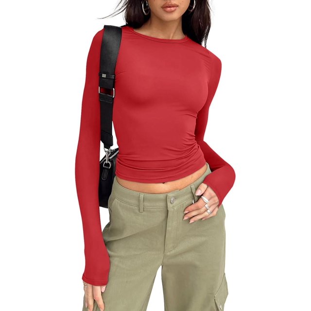 ORUYROP Womens Long Sleeve Fall Fashion 2023 Crop Tops Basic Layering Workout Slim Fitted T Shirts Y2K Tops