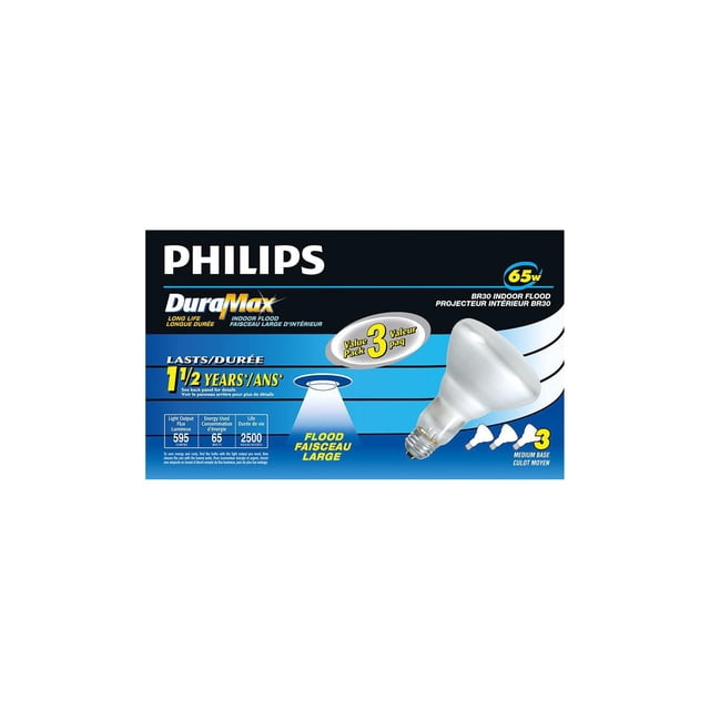 PHILIPS DuraMax 65W BR30 Medium Base Frosted Flood Light Bulbs 3 Pack packaging showing a white frosted flood light bulb with medium base, 595 lumens output, 2700K warm light, and 2500 hours long life, ideal for indoor recessed and track lighting with a wide flood beam for ambient lighting.