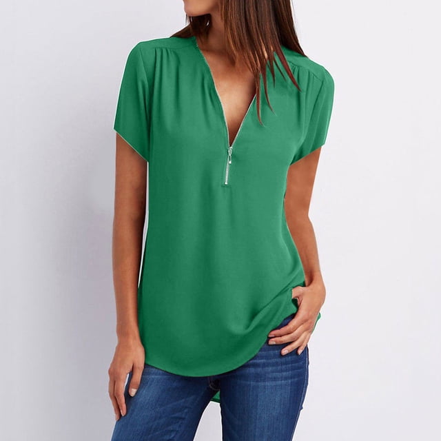 Mefallenssiah Débardeur Court Femme Été Manches Courtes Fermeture à Glissière Tunique Décontractée Col en V Blouse Roulable