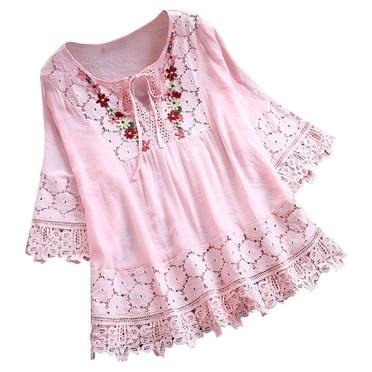 Erwazi Linen Shirts for Women 3/4 Sleeve Floral Lace Embroidered Boho Blouse Tunic Casual Summer Flowy Tops