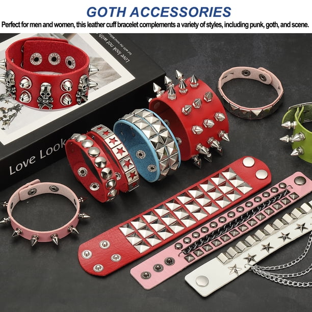 Uxcell 3Pcs Rock Punk Spiked Leather Bracelet Set, 8.7