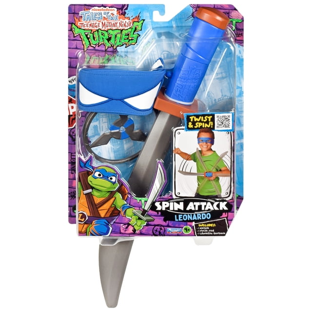 Teenage Mutant Ninja Turtles Leonardo Spin Attack Role Play Set with a blue plastic katana featuring an orange guard and twist-and-spin handle, a blue ninja mask with white eye shapes, and three black ninja stars, all in TMNT-themed packaging with cartoon Leonardo artwork.