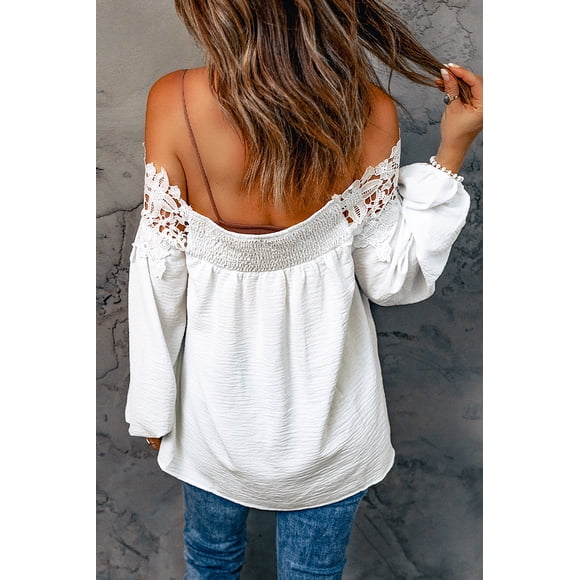 POGLIP Women's White Blooming Lace Off The Shoulder Top