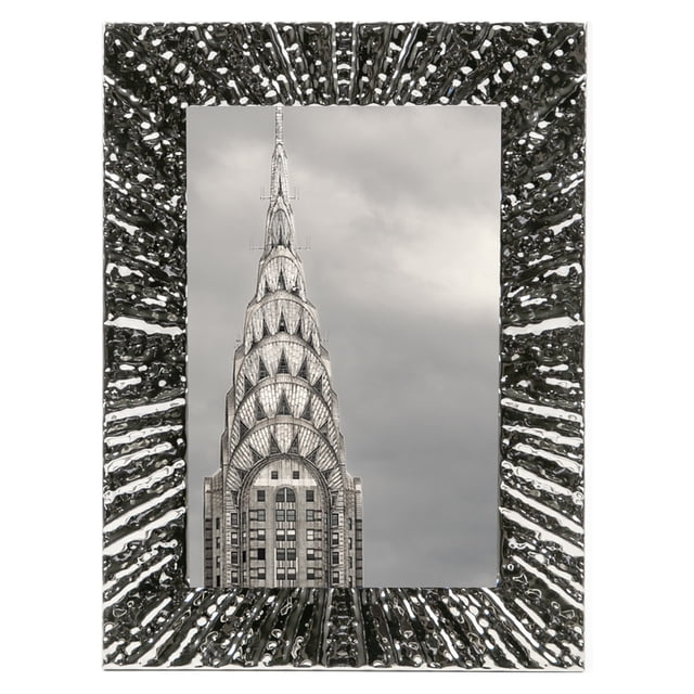 Sunburst Metal Frame 4 x 6in silver metal photo frame featuring a textured sunburst pattern, holding a 4x6 inch photo vertically or horizontally, suitable for decorative tabletop or wall display with built-in hanging hardware and easel stand, ideal for modern and contemporary décor.