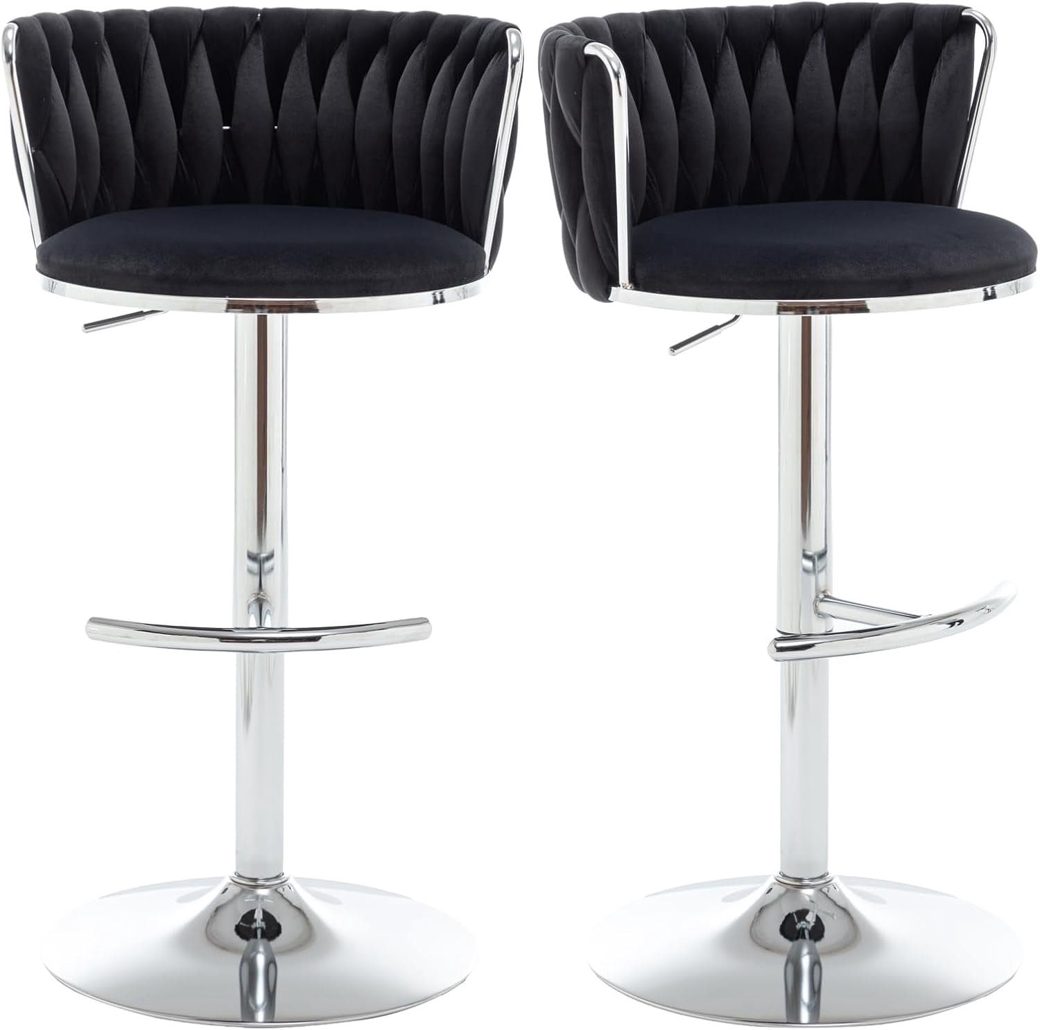 Velvet Bar Stools Set of 2, Counter Height Bar Chairs with Low Back, Swivel Barstools for Kitchen Island, Bar Pub (Black)