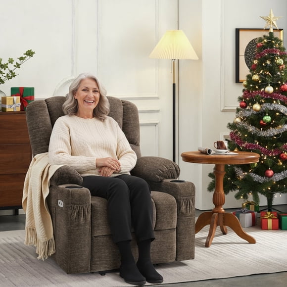 MCombo Tissu Recliner Chaise, Power Lift, Repose-Pieds Allongé, Massage et Chaleur, Brun Café