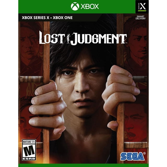 Jugement Perdu Xbox Series X Couverture de Jeu Montrant Gros Plan de Mains Saisissant des Barres de prison en Bois avec Fond Sombre, Mettant en Vedette le Titre du Jeu en Texte Blanc, les logos Xbox et SEGA, et la Cote Mature ESRB.