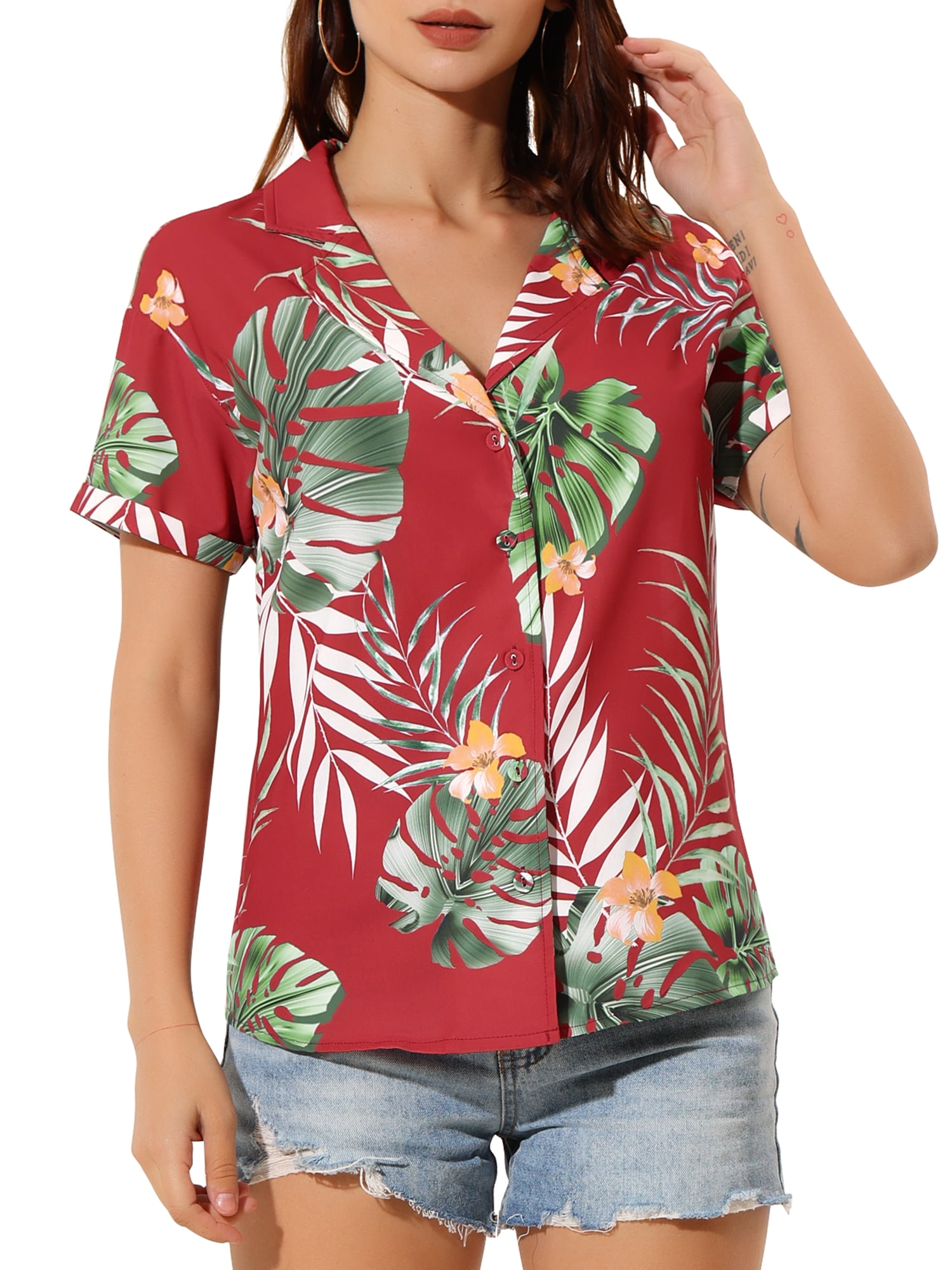 INSPIRE CHIC Chemises pour Femmes Hawaïennes à Manches Courtes Tropicales à Fleurs Boutonnées Hauts TP Rouge