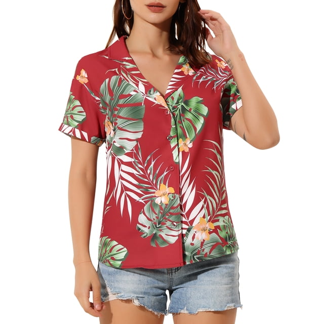 INSPIRE CHIC Chemises pour Femmes Hawaïennes à Manches Courtes Tropicales à Fleurs Boutonnées Hauts TP Rouge