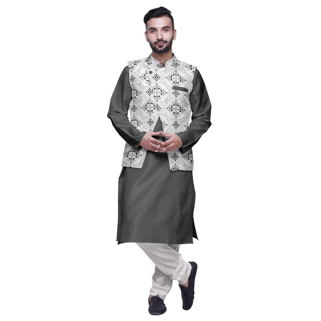 Atasi Kurta Churidar Uni pour Homme à Col Mandarin, Pyjama et Ensemble de Veste Nehru Imprimée