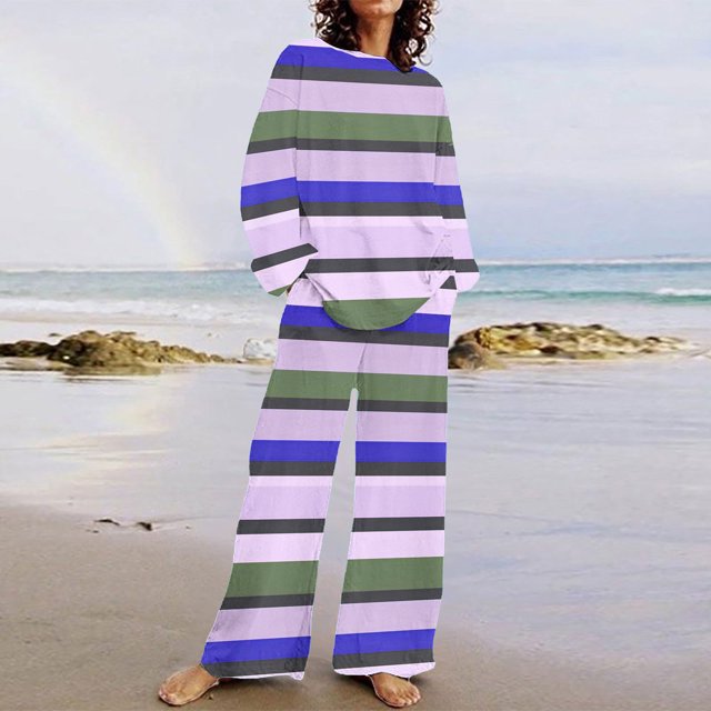 TIMIFIS Ensembles de Détente à Rayures pour Femmes 2 Pcs Décontractés Amples Col Ras du Cou Haut à Manches Longues et Pantalons Longs Tenues