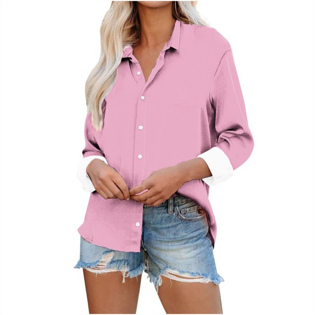 Yuyuzo Button down Shirts for Women Drop Shoulder Blouse Long Sleeve Oversized Shirt Work Office Solid Color Tops
