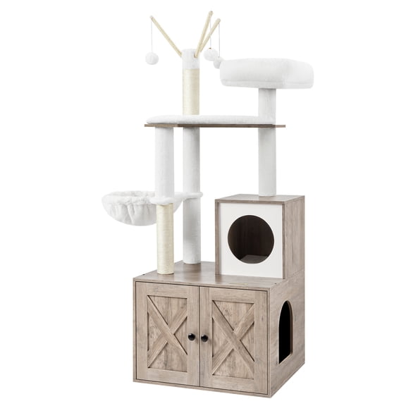 Feandrea WoodyWonders Cat Tree with Litter Box Furniture Hidden Enclosure, 2-in-1 Modern Tower, Cat Condo with Scratching Posts, Removable Pompom Sticks