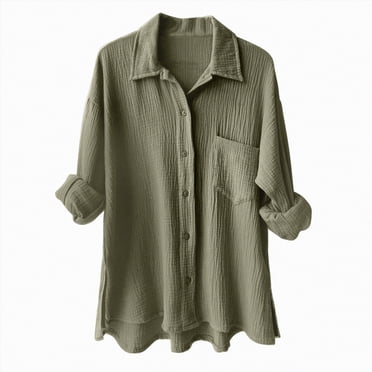 WUANDIXFA Womens Tunic Tops Dressy Summer Blouse Women Elegant Blouse Shirt Cotton Sports Suit Oversize Leisure Shirt Long Sleeve Tunic Long Shirt Green,L