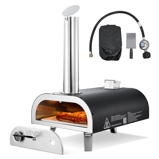 VEVOR Dual Fuel Pizza Oven Outdoor, 12 in Wood Fire & Propane Gas Pizza Oven, Portable Pellet & Propane Pizza-Maker with Thermometer, Iron Spray Black Shell Pizza-Cook