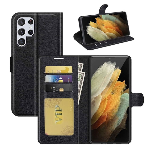 Samsung Galaxy S25 Ultra Wallet Case, Leather Magnetic Card Slot Wallet Folio Flip Case Cover in black. The case features multiple credit card slots, a pocket for bills, and a magnetic clasp for secure closure. It is made of premium synthetic leather with a TPU inner case for shock absorption. The design allows the case to double as a media stand, providing both functionality and style.
