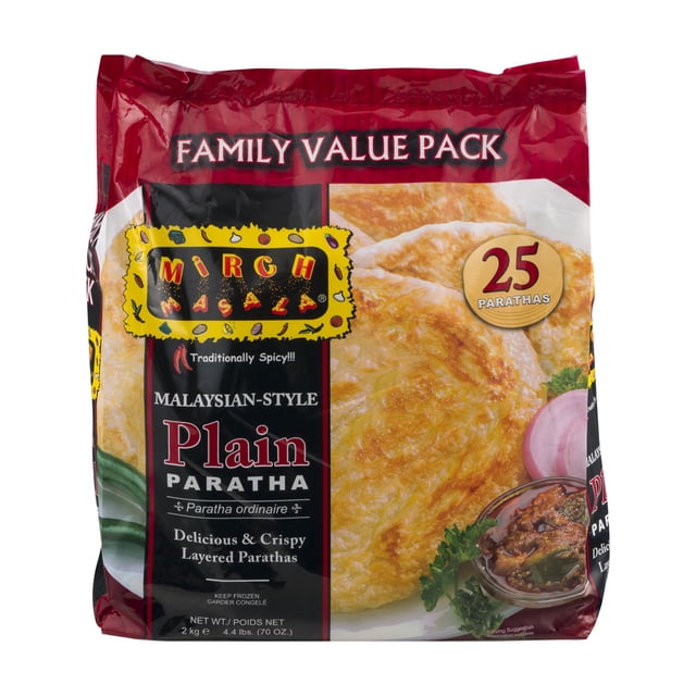 Emballage Économique Familial de parathas Nature de Style Malaisien par Mirch Masala Snack avec 25 parathas Nature, Croustillants, Superposés Indiqués sur l'Emballage, Pesant 2 kg (4,4 Lb), Convient aux Catégories de Boulangerie Surgelée et de Pain Surgelé dans les Épiceries Canadiennes.