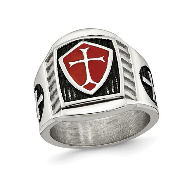 Mens Cross Antiqued Cross Shield Stainless Steel Ring
